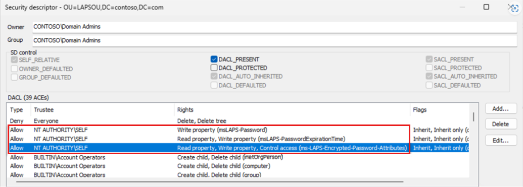 Screenshot of the LDP tool with the Security descriptor window opened and sorted by the Trustee column.