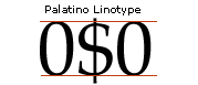 Screenshot that shows a dollar sign in between 2 zeros in Palatino Linotype. Top and bottom alignment are identified.