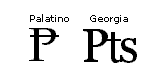 Screenshot that shows the Peseta character in Palatino and a ligature of capital P, lowercase T and lowercase S in Georgia.