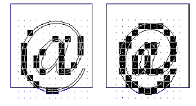 Pixels for the at-sign outline with gaps, and improved pixels for an adjusted outline