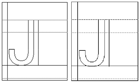 two depictions of a glyph outline for capital J with the bottom of the lower curve in slightly different positions