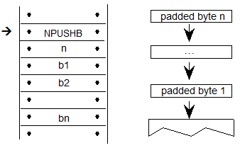 A sequence has the NPUshB instruction followed by an operand value n followed by n bytes of data. Also, data bytes 1 to n are pushed onto the stack.