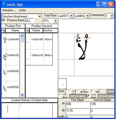 Screenshot of Microsoft Volt showing an Arabic mark glyph being positioned over the alef component of the lam alef ligature.
