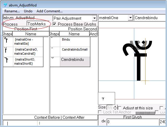 Screenshot of a Microsoft volt dialog for specifying positioning adjustments. Pair adjustment is selected as the lookup type. The Top Marks class is specified in the Process field.