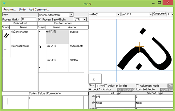 Screenshot of a dialog in Microsoft VOLT for specifying positioning adjustments. A glyph is shown with marks positioned above and below.