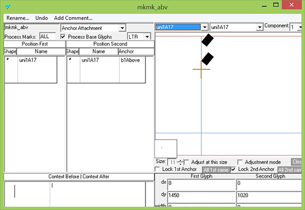 Screenshot of a dialog in Microsoft VOLT for specifying positioning adjustments. Two marks are shown stacked vertically.