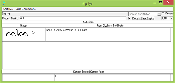Screenshot of a dialog in Microsoft VOLT in which a substitution rule is specified for forming the iya ligature.