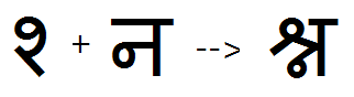 Illustration that shows the sequence of half Sha plus full Na glyphs being substituted by a conjunct Sha Na ligature glyph using the P R E S feature.