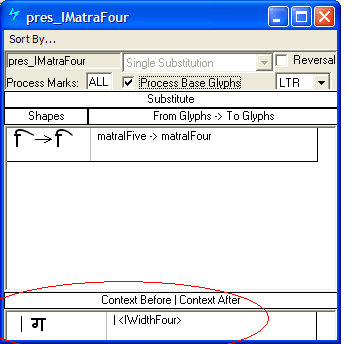 Screenshot of a Microsoft VOLT dialog for specifying single glyph substitutions. One variant of the I matra is substituted for another. A glyph group of consonant glyphs called I Width Four is specified as a following context.