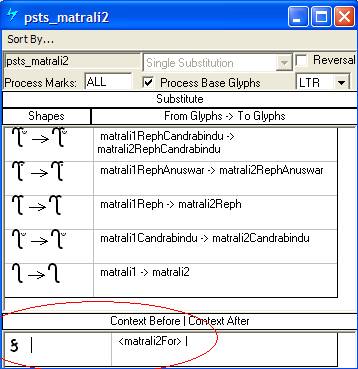 Screenshot of a Microsoft VOLT dialog for specifying single substitutions. Alternates of various post base glyphs are substituted. A glyph group of consonant glyphs is specified as a preceding context.
