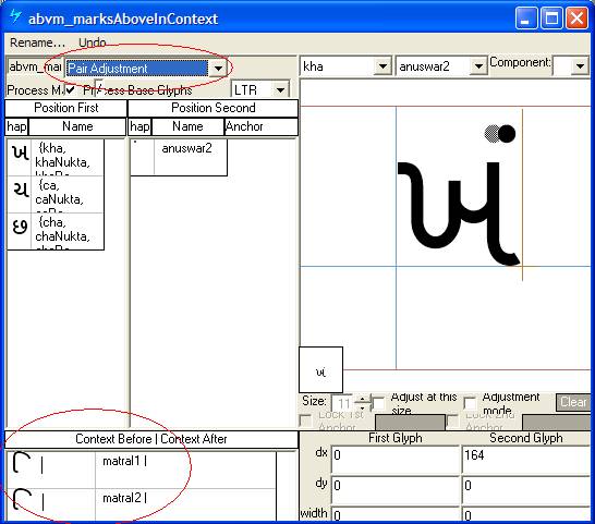 Screenshot of a Microsoft VOLT dialog for positioning adjustment. Pair adjustment is selected as the lookup type. The anusvar glyph is shown with its position being adjusted to the right when it follows particular base glyphs.