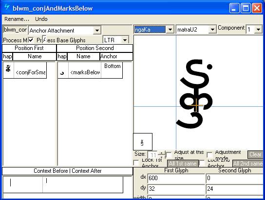 Screenshot that shows a dialog in Microsoft VOLT for specifying positioning adjustments. Anchor attachment is selected as the lookup type. A mark glyph is shown positioned below a base glyph using an anchor point.
