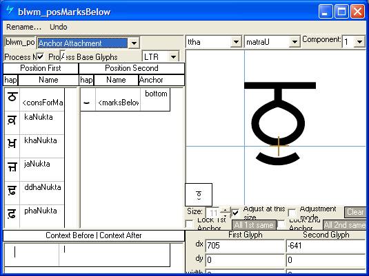 Screenshot that shows a dialog in Microsoft VOLT for specifying positioning adjustments. Anchor attachment is selected as the lookup type. A mark glyph is shown positioned below a base glyph using an anchor point.