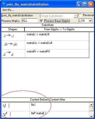 Screenshot of a Microsoft VOLT dialog for specifying single glyph substitutions. Alternates of various post base glyphs are substituted. Various glyphs and glyph sequences are specified as preceding contexts.