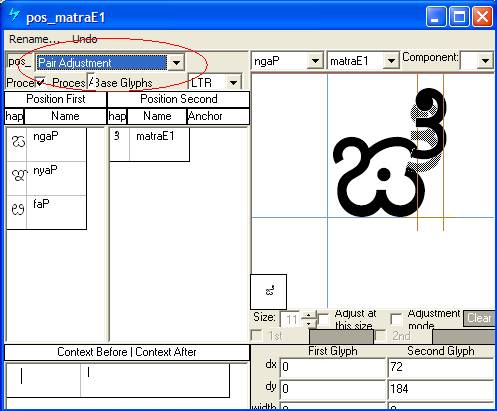 Screenshot of a Microsoft VOLT dialog for positioning adjustment. Pair adjustment is selected as the lookup type. The matra E glyph is shown with its position being adjusted upward when it follows certain consonant glyphs.