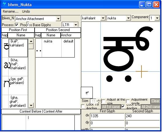 Screenshot that shows a dialog in Microsoft VOLT for specifying positioning adjustments. Anchor attachment is selected as the lookup type. The nukta glyph is shown positioned below various base glyphs using an anchor point.