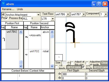 Screenshot that shows the 'a b v m' feature is used to position all above-base marks on base glyphs.