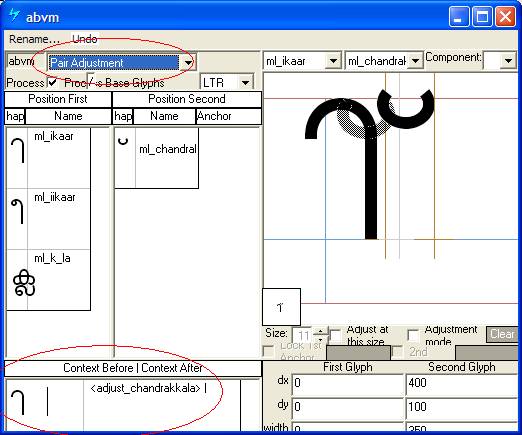 Screenshot of a Microsoft VOLT dialog for positioning adjustment. Pair adjustment is selected as the lookup type. The chandrakala glyph is shown with its position being adjusted to the right when it follows particular base glyphs.