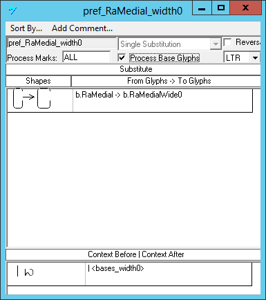 Screenshot of a dialog in Microsoft VOLT for specifying single glyph substitutions. One variant of the medial Ra glyph is substituted by another wider variant. A glyph group of consonant glyphs is specified as a following context.