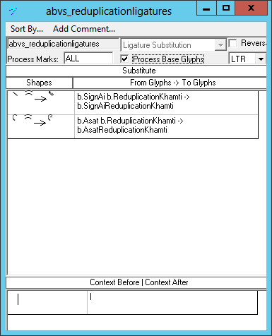Screenshot of a dialog in Microsoft Volt for specifying ligature glyph substitutions. Certain sequences of above base glyphs are substituted by ligature glyphs for each combination.