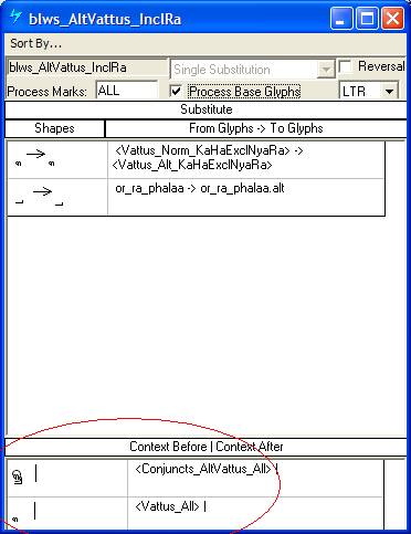 Screenshot of a dialog in Microsoft VOLT for specifying single glyph substitutions. Alternates of various below base glyphs are aubatituted. Various glyph groups are specified as preceding contexts.