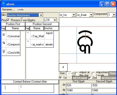 Screenshot of a dialog in Microsoft VOLT for specifying positioning adjustments. Anchor attachment is selected as the lookup type. A mark glyph is shown positioned above a base glyph using an anchor point.