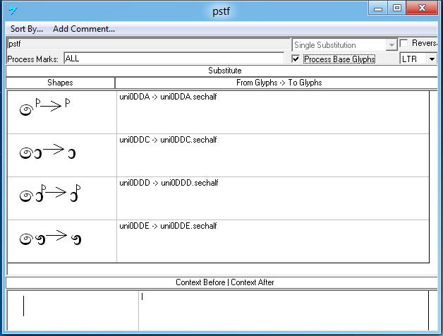 Screenshot that shows the 'p s t f' feature is used to convert a split matra into the corresponding second half of the split matra.