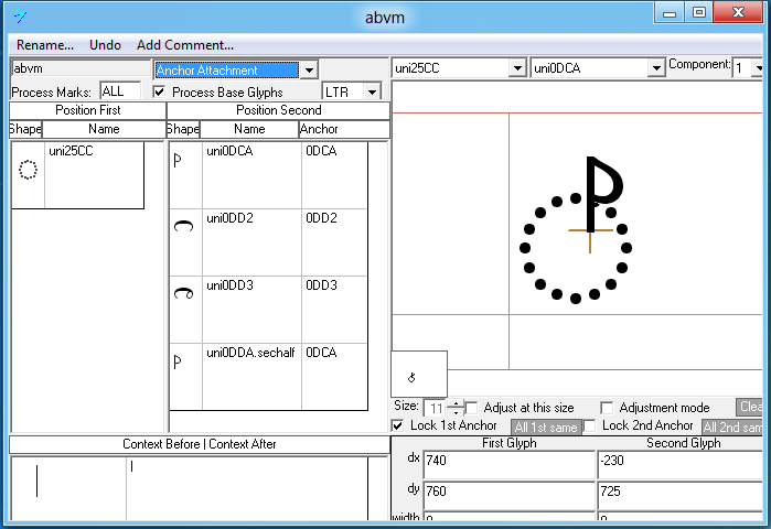 Screenshot that shows the 'a b v m' feature is used to position marks above base glyphs.