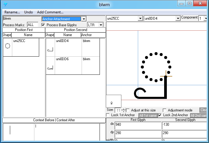 Screenshot that shows the 'b l w m' feature is used to position marks below base glyphs.