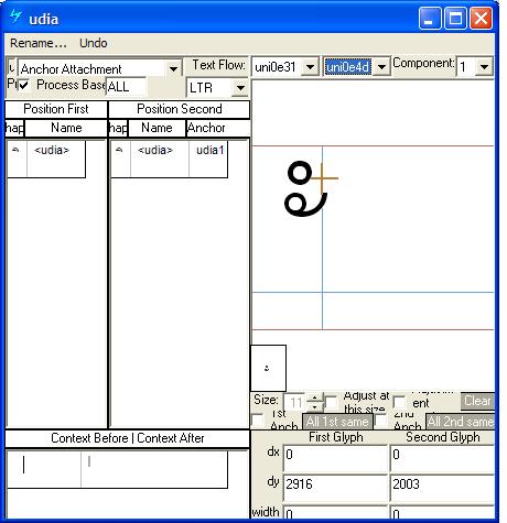 Screenshot of a dialog in Microsoft VOLT for specifying positioning adjustments. Anchor attachment is selected as the lookup type. A mark glyph is shown positioned above another mark glyph using an anchor point.