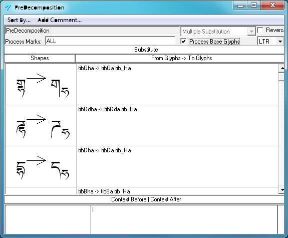 Screenshot of a Microsoft VOLT dialog for specifying multiple glyph substitutions. Single glyphs for consonant stacks are substituted by glyph sequences each comprised of a base consonant glyph followed by subjoined consonant glyph.