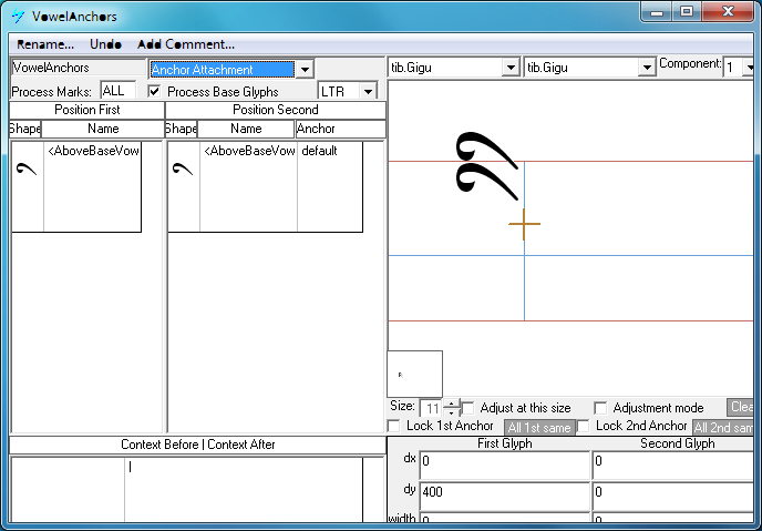 Screenshot of a dialog in Microsoft VOLT for specifying positioning adjustments. Anchor attachment is selected as the lookup type. A mark glyph is shown positioned above another mark glyph using an anchor point.