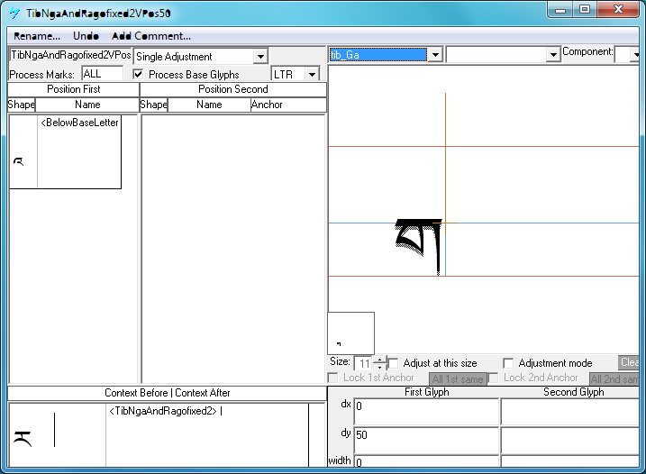 Screenshot of a dialog in Microsoft VOLT for specifying positioning adjustments. Single adjustment is selected as the lookup type. A below base consonant glyph is shown with its position being adjusted slightly upward. A glyph group of certain consonant glyphs is specified as a preceding context.