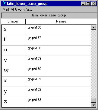 Screenshot of a glyph group window with multiple glyphs listed.