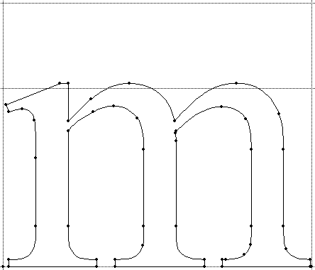 Screenshot showing an outline and control points on the lower-case letter m.