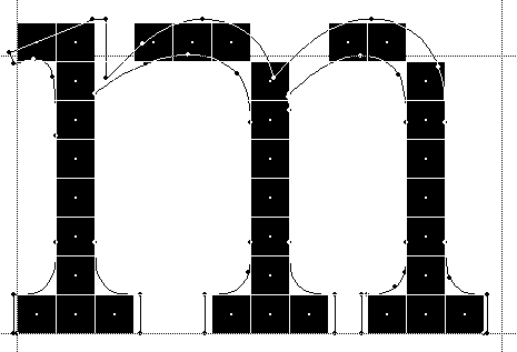 Screenshot showing the outlined letter m filled with solid blocks filling the letter including serif points but not curves.