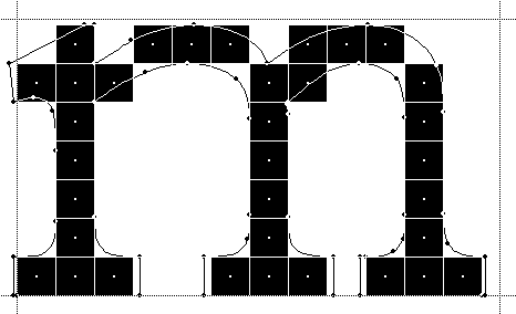 Screenshot showing the outlined letter m filled with solid blocks adjusted to the curves.