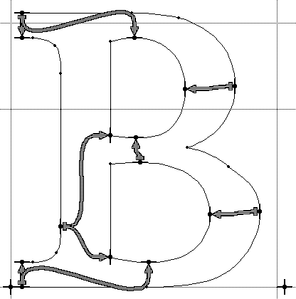 Screenshot showing an outline of capital B with nine arrows indicating links between pairs of control points.