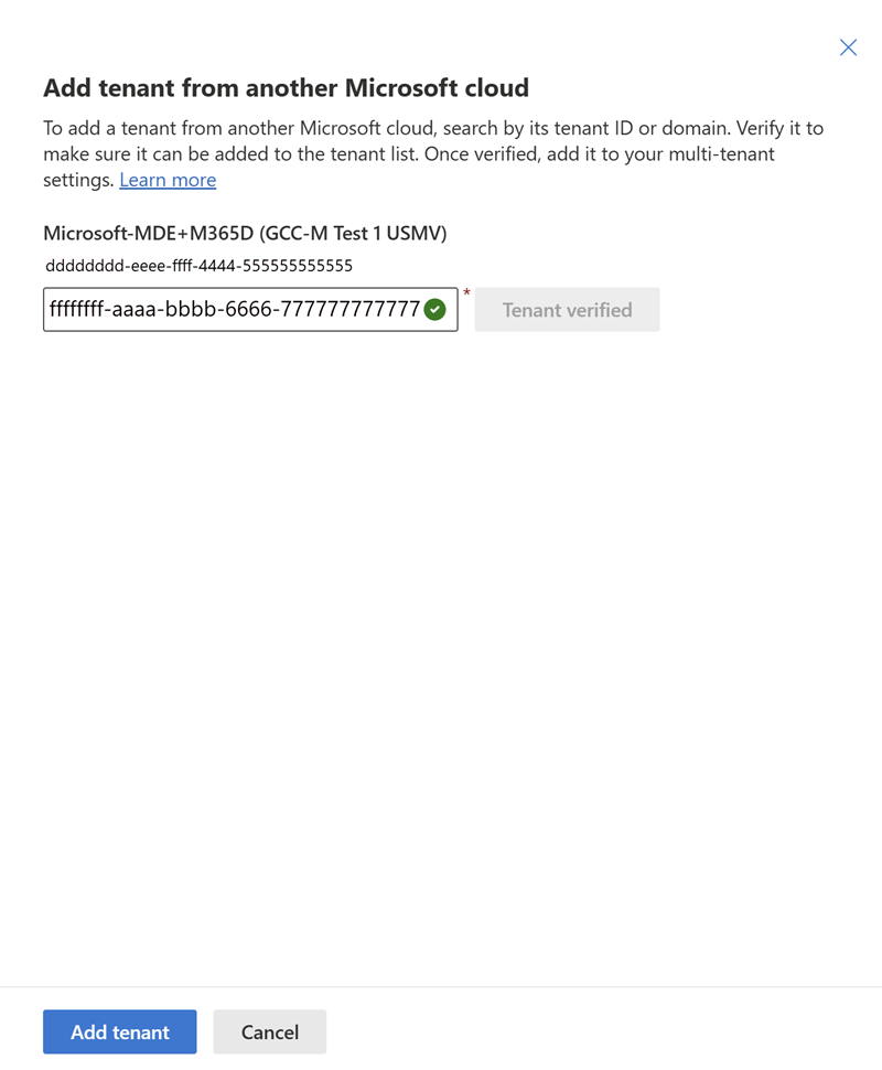 Screenshot of the add tenants pane with the verification highlighted.