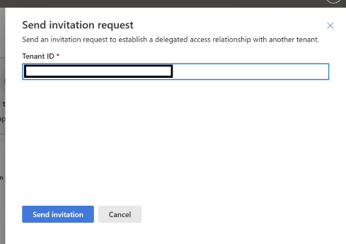 Screenshot showing where to enter the tenant ID for the invitation.