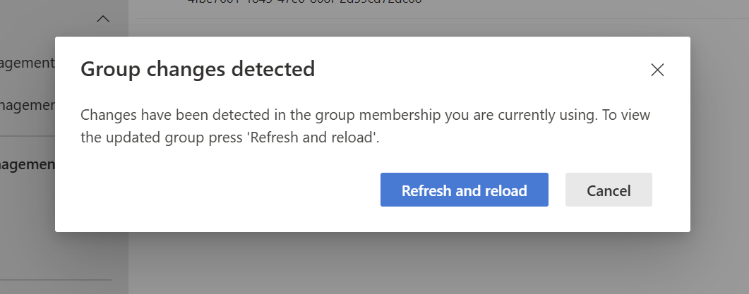 Screenshot of the Group changes detected dialog with Refresh and reload and Cancel buttons.