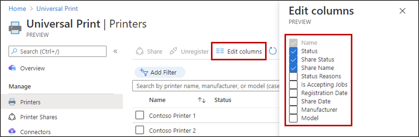A screenshot of additional columns being configured for a resource list in the Universal Print portal.