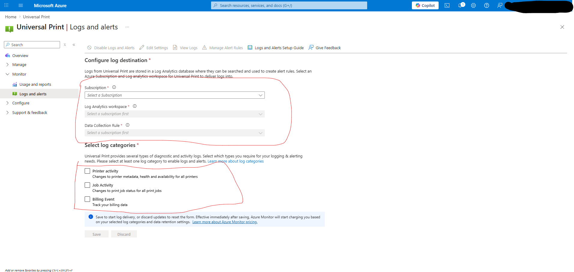 Configure log destination page with the subscription, workspace, DCR, and log category fields highlighted