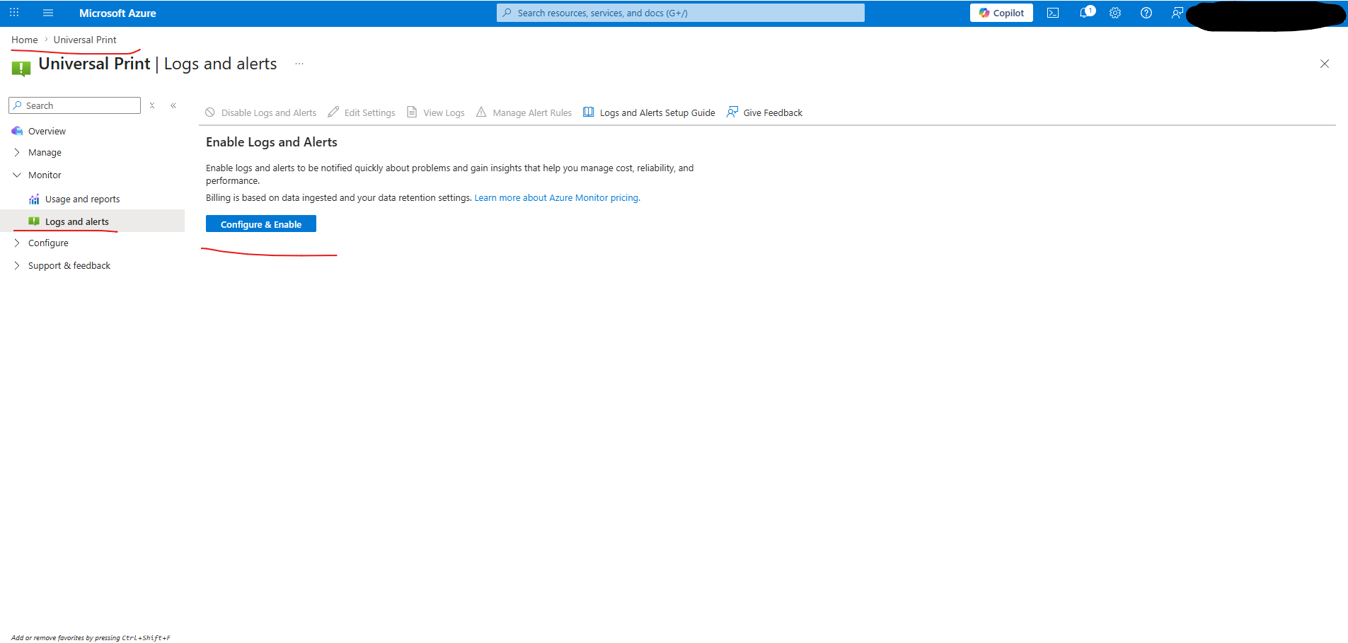 Logs and alerts landing page with the Configure & Enable button highlighted