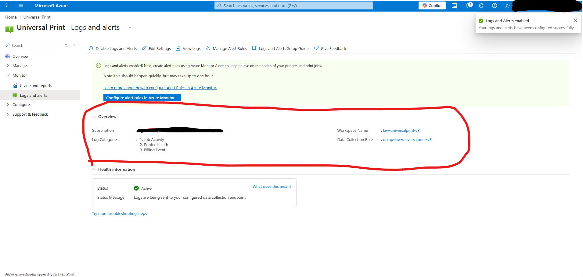 Logs and alerts Overview page after enabling, showing the active configuration summary and a Health information status of Active