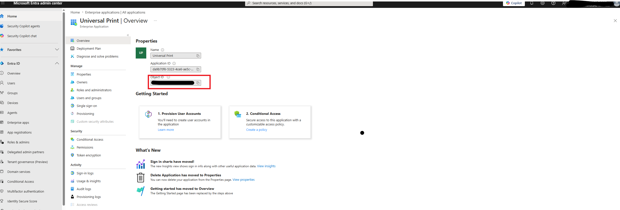 Universal Print enterprise application Overview pane with the Object ID field highlighted