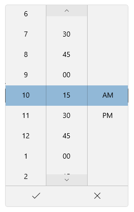 A time picker showing 15 minute increments.