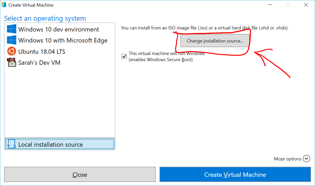Screenshot of the Change installation source button emphasized in the Create Virtual Machine dialog.