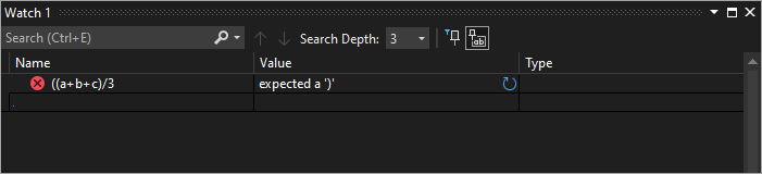Screenshot of Watch expression error.