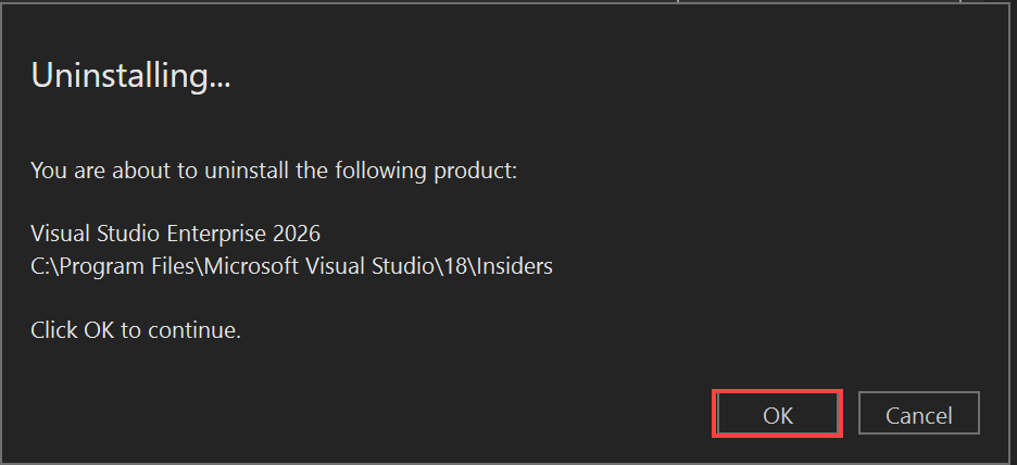 Screenshot that shows the dialog to confirm that you want to uninstall Visual Studio.